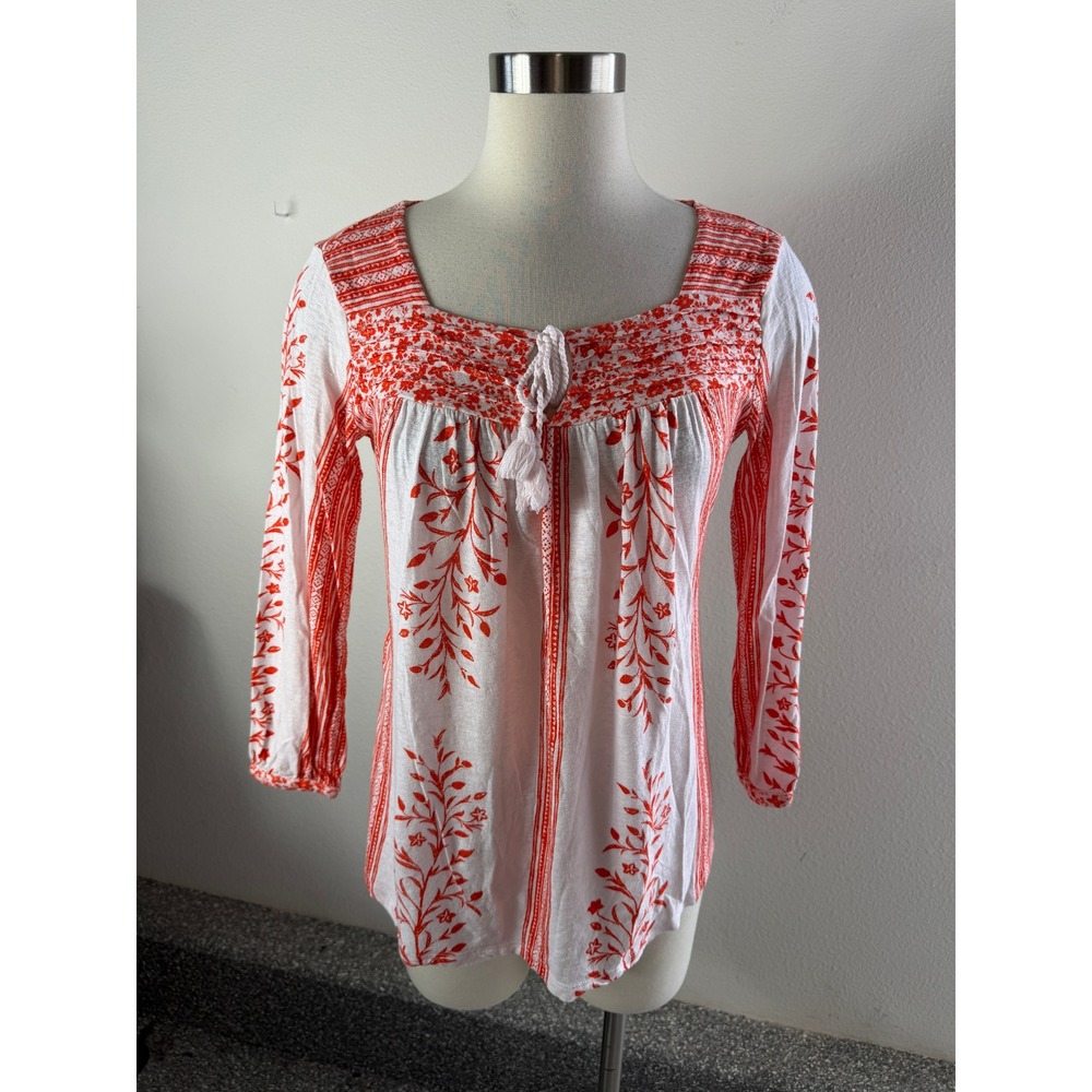 Lucky Brand Womens Small Red White Floral Peasant Blouse Tassel Tie Shirt Boho